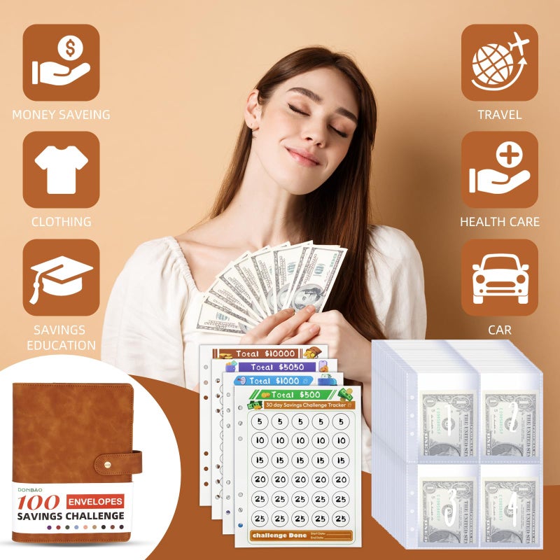 DONBAO 100 Envelopes Money Saving Challenge Binder  A5 Budget Binder with Envelopes and Challenge Tracker  Savings Challenges Planner Book to Save $500  $1000  $5050  $10000 (Brown) - Image 2